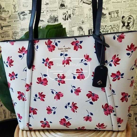 Kate Spade NWT Cara Garden Toss Large Tote Floral White Spring Summer Red pink - Picture 4 of 12